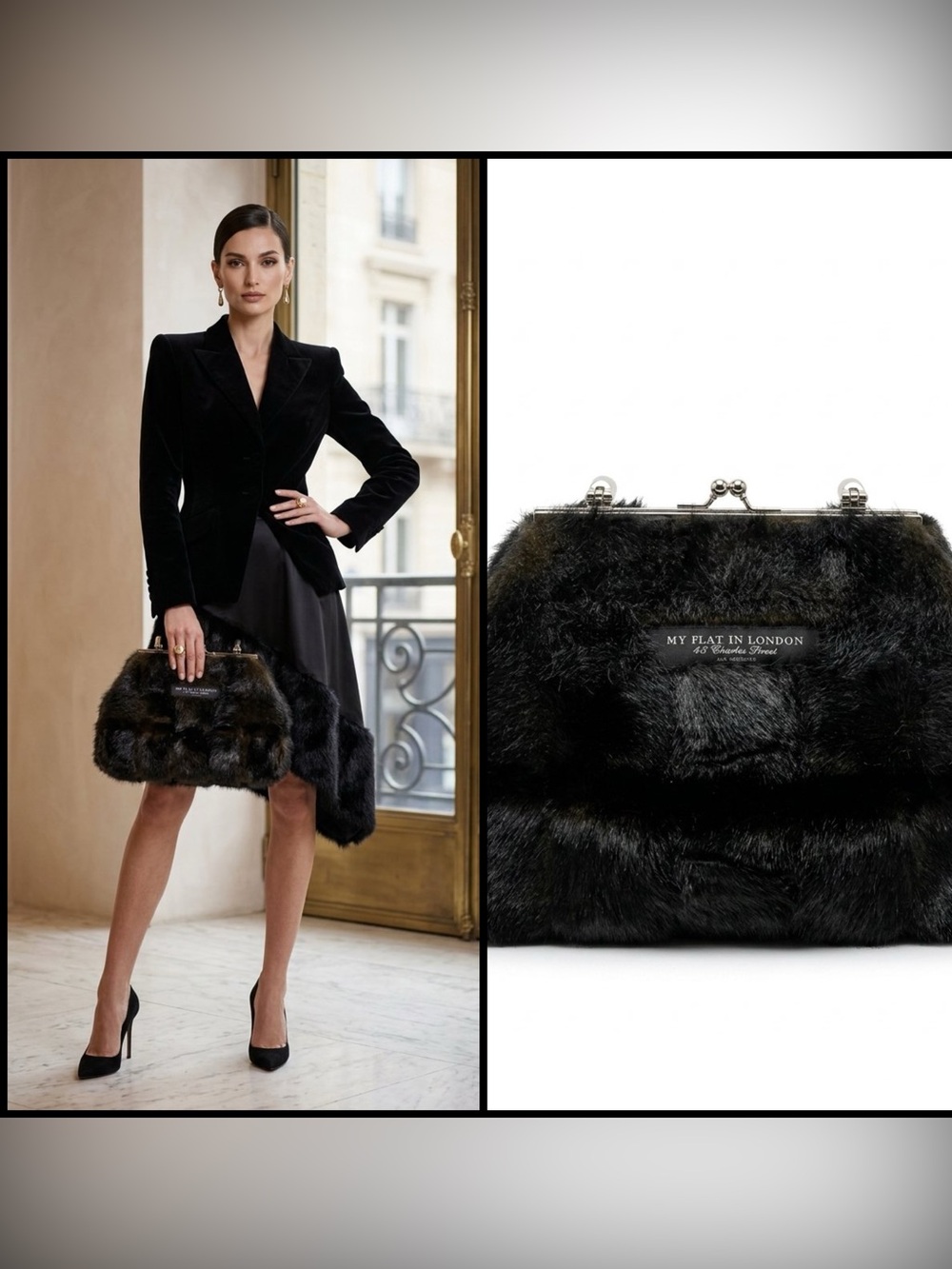 My Flat in London Black Faux Fur Frame Y2K  Large Old Money Clutch Bag 10 x 14